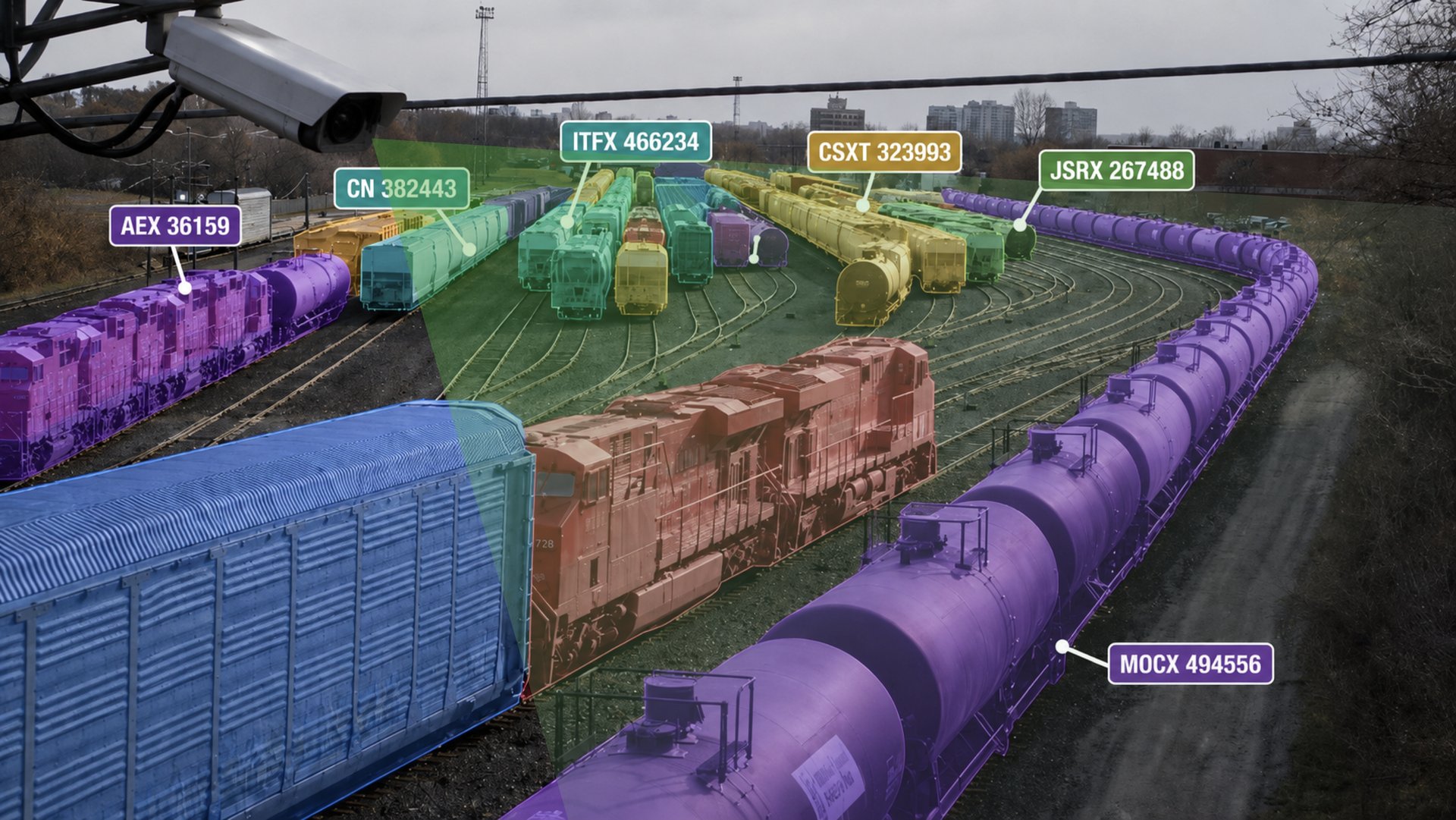 AI vision tracking railcars across a yard from an elevated camera