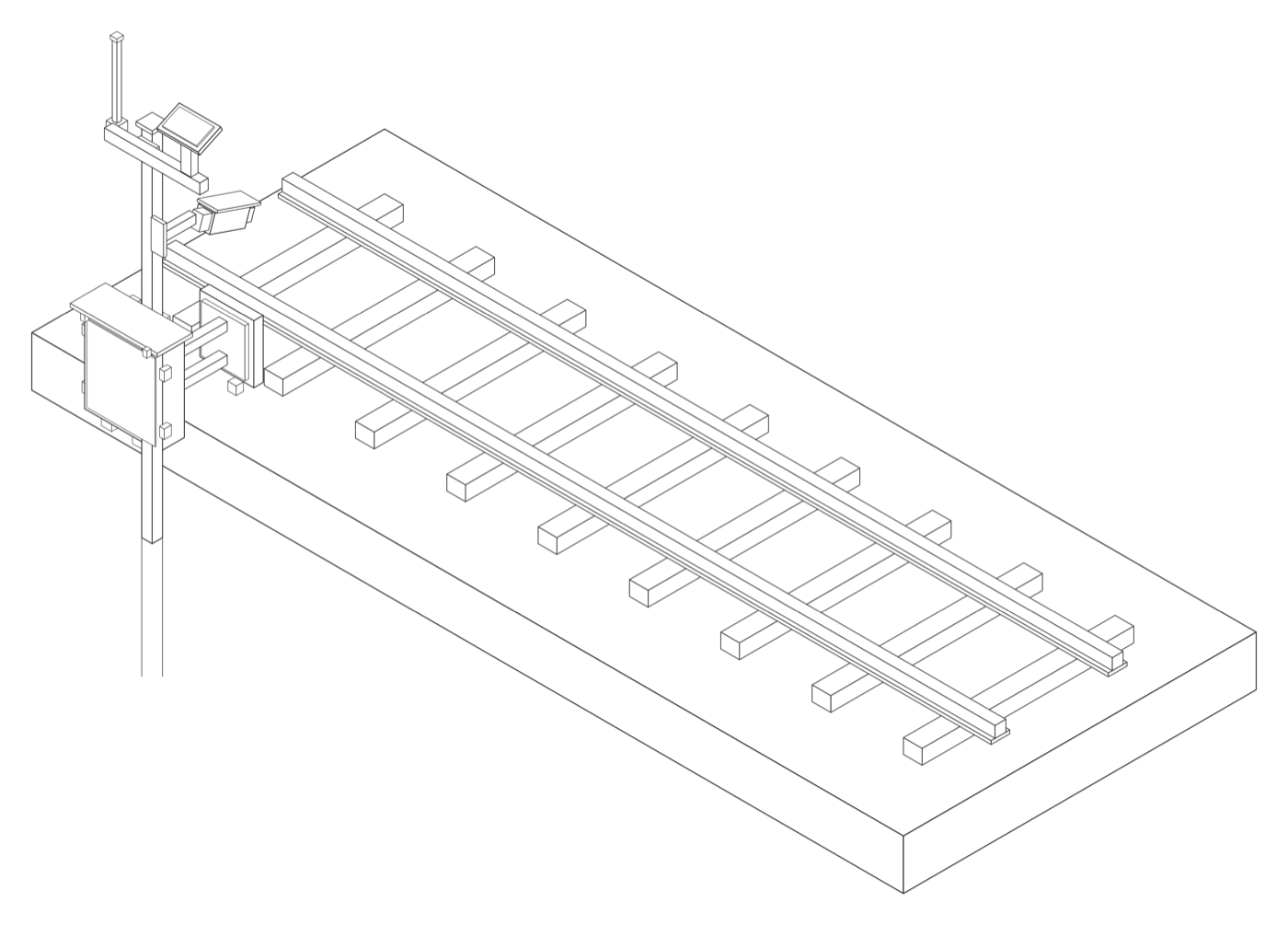 Isometric diagram of an AEI reader mast installed on the near side of a single track