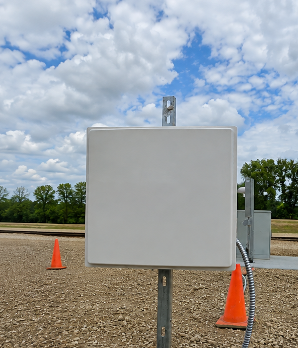 RFID antenna and camera hardware mounted at a rail yard AEI reader install point